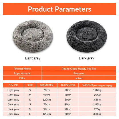 Fluffy Round Donut Calming Pet Bed - Shaggy Cloud Anti-Anxiety Plush Kennel for Dogs and Cats in Light and Dark Gray, Available in Small, Medium, and Large Sizes