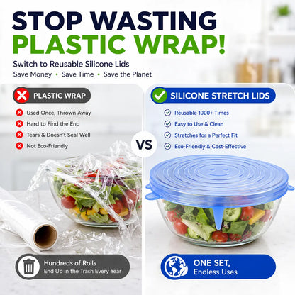 Silicone Stretch Lids Set (6-Pack) - Reusable BPA-Free Food Covers for Bowls, Pots, Cups, and Fruits (Sizes: 2.6", 3.7", 4.3", 5.5", 6.3", 7.7")