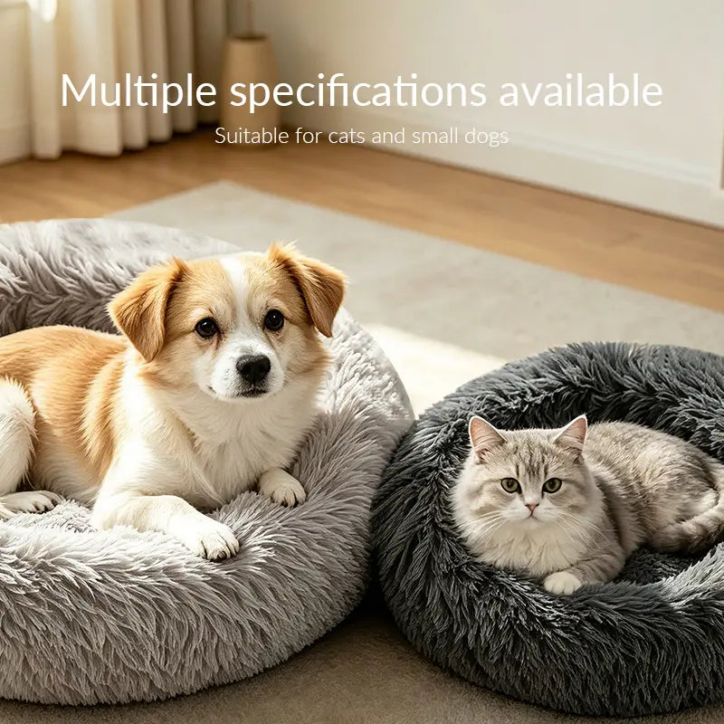 Fluffy Round Donut Calming Pet Bed - Shaggy Cloud Anti-Anxiety Plush Kennel for Dogs and Cats in Light and Dark Gray, Available in Small, Medium, and Large Sizes