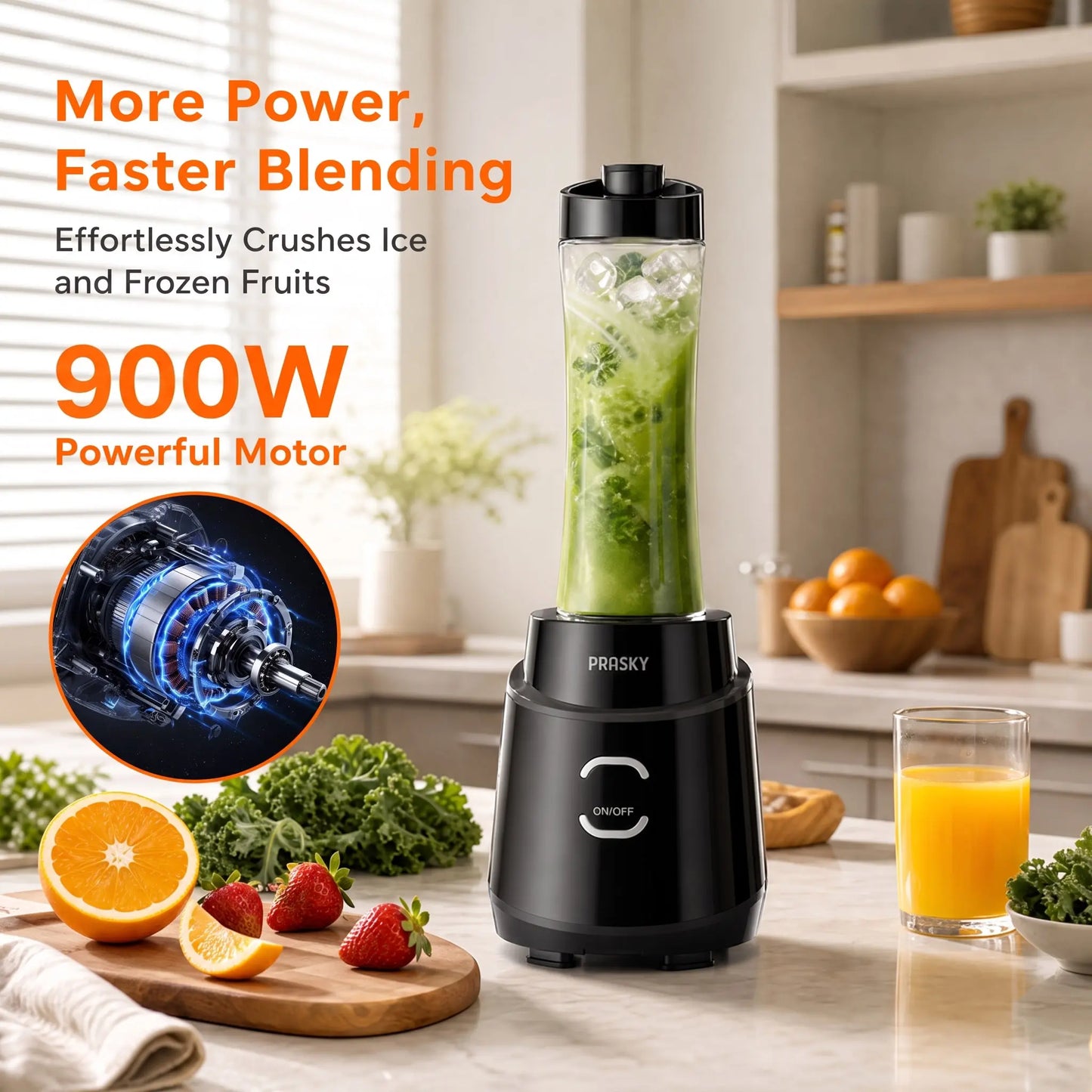 PRASKY 900W Personal Blender with Portable Cups - Perfect for Smoothies, Protein Shakes, Fresh Juices, Frozen Drinks, and Crushed Ice - BPA-Free for Home, Office, and Gym Use