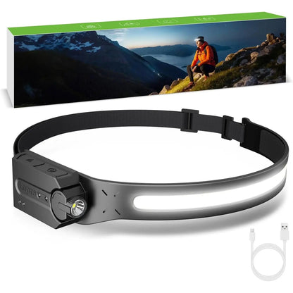 Rechargeable High-Intensity LED Headlamp with Motion Sensor, 1200mAh Battery, 230° COB Wide Beam, Adjustable Spotlight, IP44 Rated for Outdoor Activities - Pack of 2