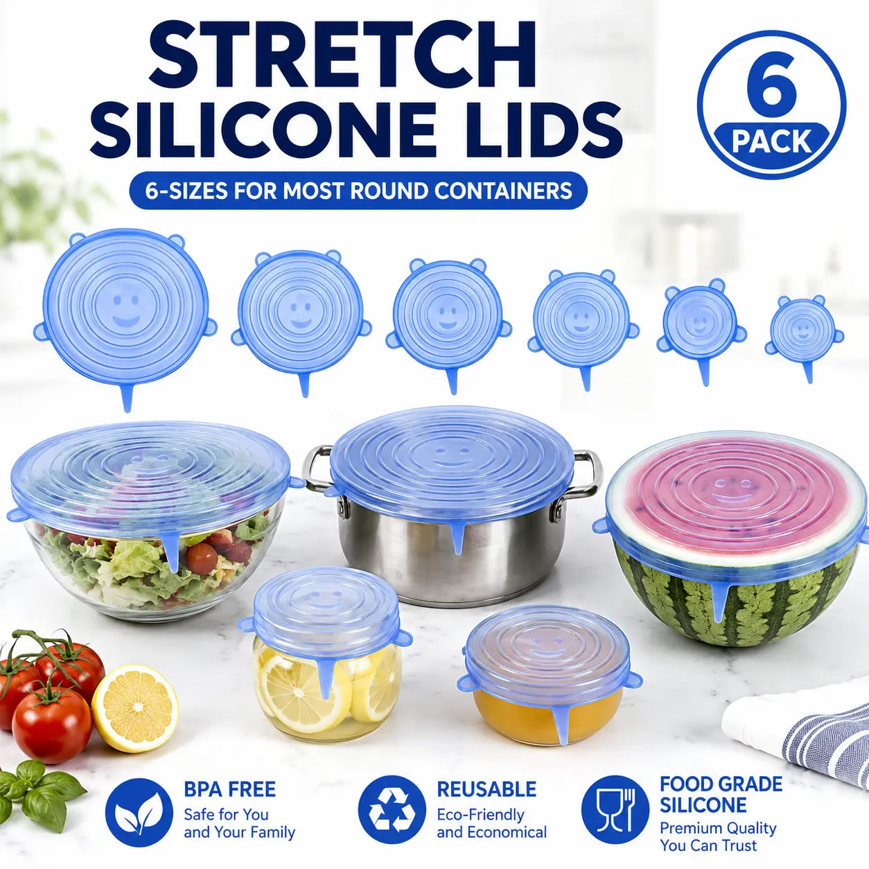 Silicone Stretch Lids Set (6-Pack) - Reusable BPA-Free Food Covers for Bowls, Pots, Cups, and Fruits (Sizes: 2.6", 3.7", 4.3", 5.5", 6.3", 7.7")