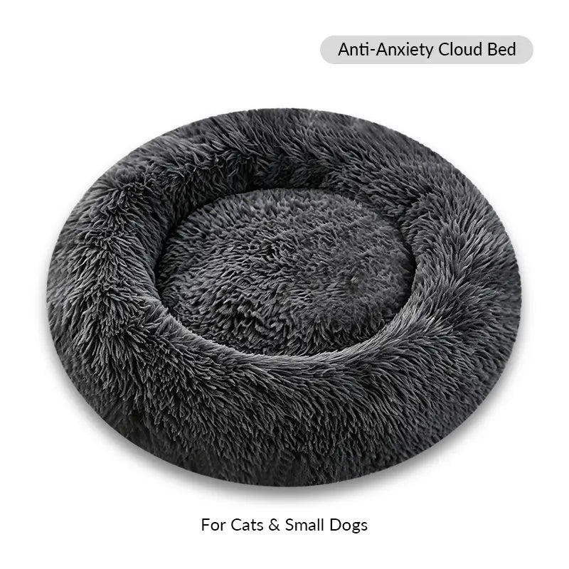 Fluffy Round Donut Calming Pet Bed - Shaggy Cloud Anti-Anxiety Plush Kennel for Dogs and Cats in Light and Dark Gray, Available in Small, Medium, and Large Sizes