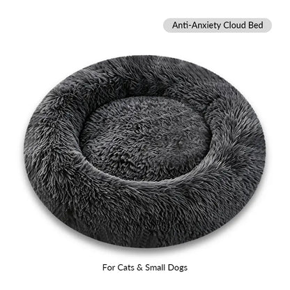 Fluffy Round Donut Calming Pet Bed - Shaggy Cloud Anti-Anxiety Plush Kennel for Dogs and Cats in Light and Dark Gray, Available in Small, Medium, and Large Sizes