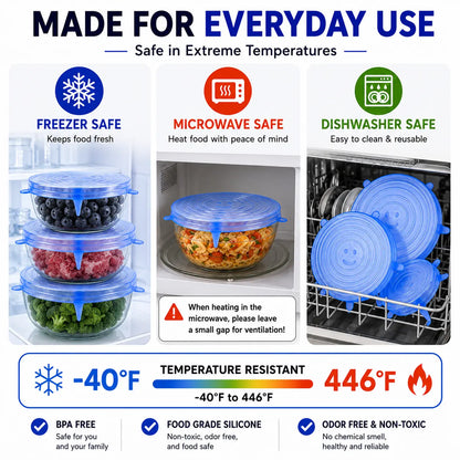 Silicone Stretch Lids Set (6-Pack) - Reusable BPA-Free Food Covers for Bowls, Pots, Cups, and Fruits (Sizes: 2.6", 3.7", 4.3", 5.5", 6.3", 7.7")