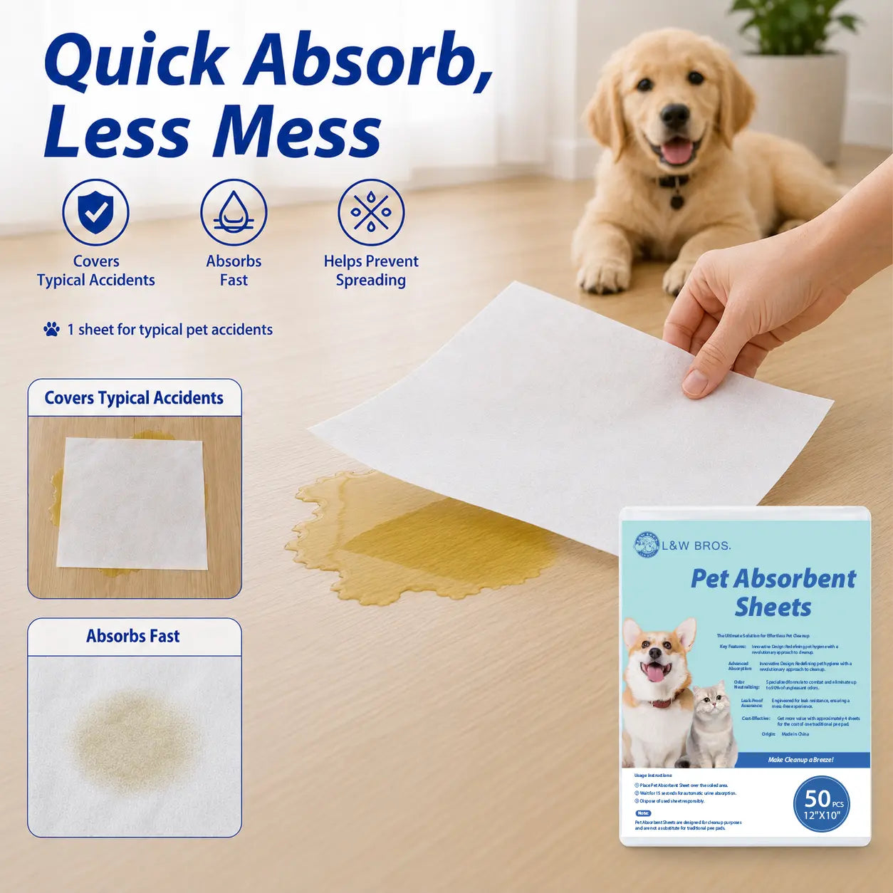 L&W BROS. Advanced Pet Absorbent Sheets - Quick-Drying Paper Towels for Efficient Dog Urine Stain and Odor Elimination
