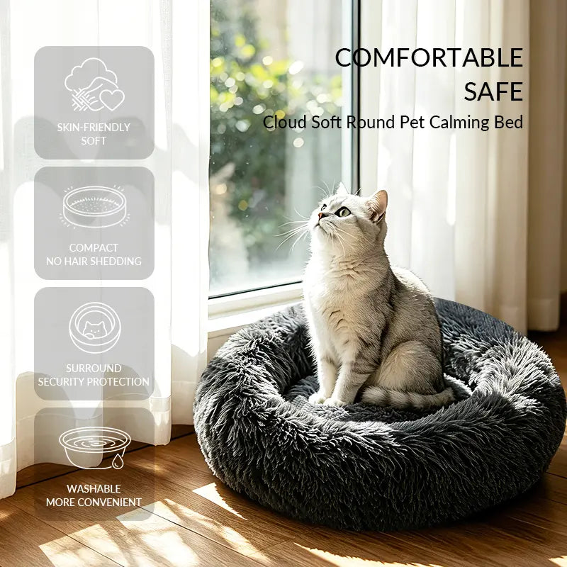 Fluffy Round Donut Calming Pet Bed - Shaggy Cloud Anti-Anxiety Plush Kennel for Dogs and Cats in Light and Dark Gray, Available in Small, Medium, and Large Sizes