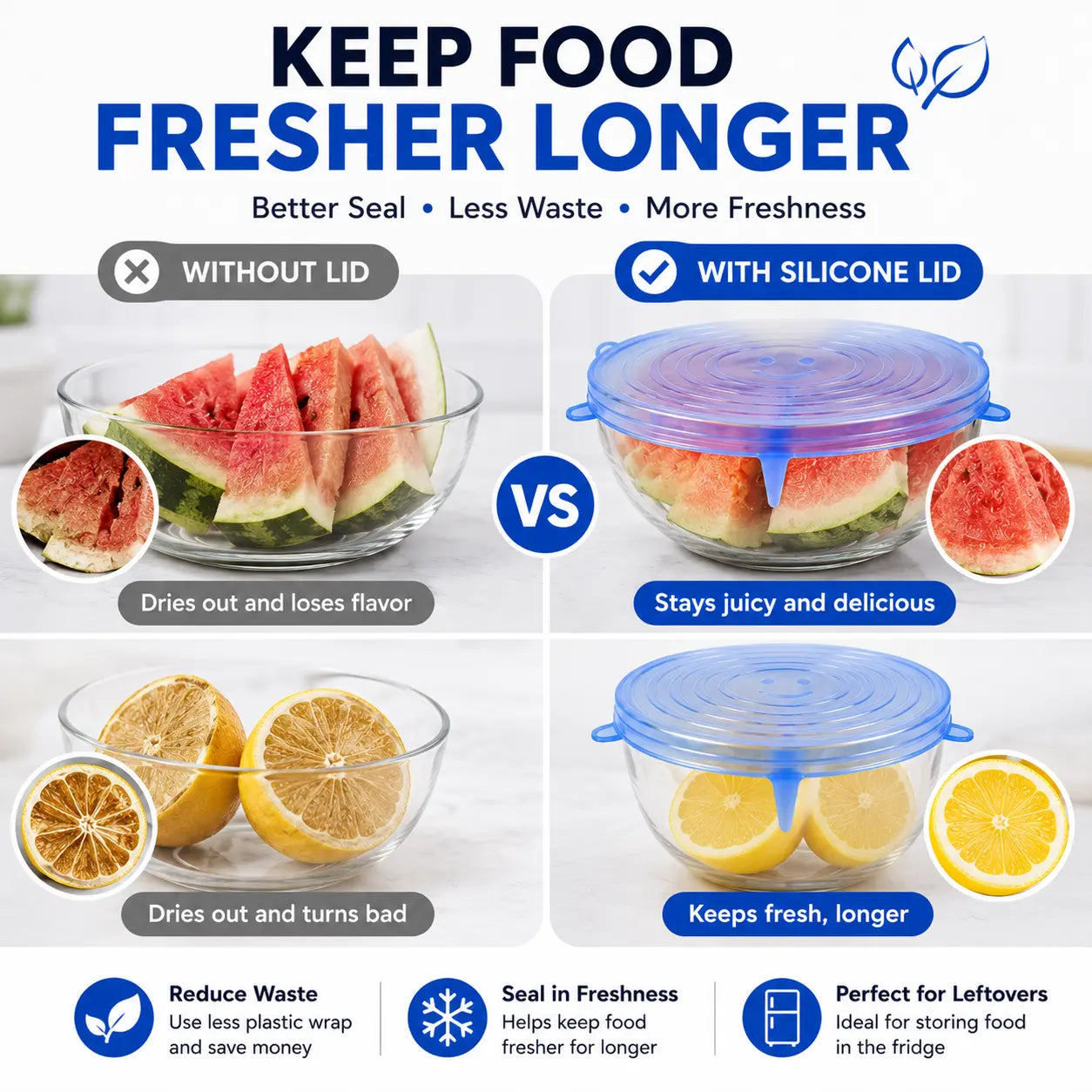 Silicone Stretch Lids Set (6-Pack) - Reusable BPA-Free Food Covers for Bowls, Pots, Cups, and Fruits (Sizes: 2.6", 3.7", 4.3", 5.5", 6.3", 7.7")