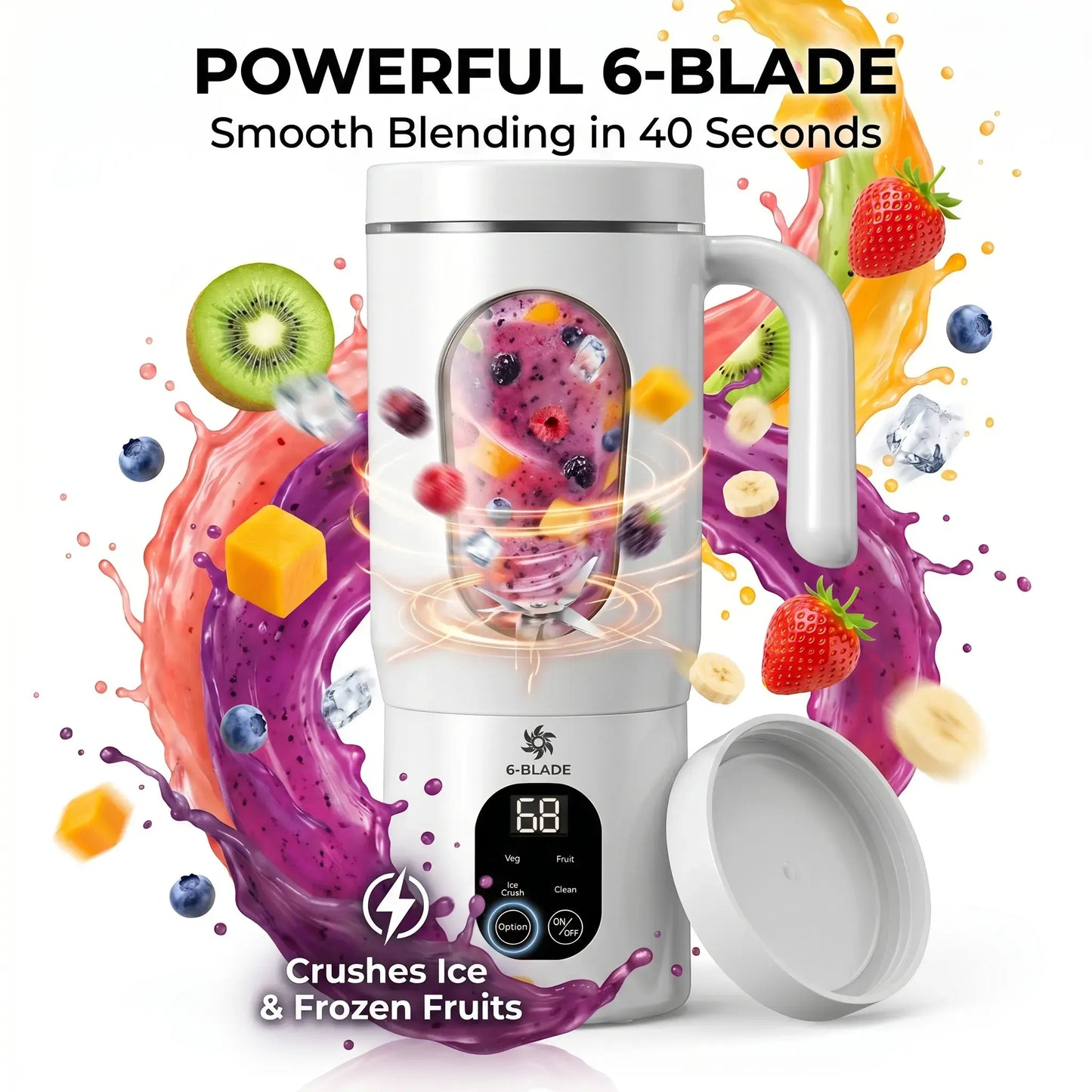 580ML Portable USB Rechargeable Juicer with LED Display, 22000 RPM Handheld Blender, Self-Cleaning, BPA-Free, Perfect for Smoothies and Juices with Ice Crushing Capability