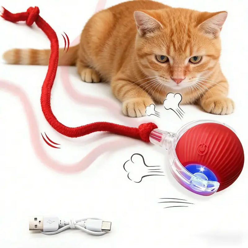 Interactive Electric Pet Ball Chaser with USB Rechargeable LED Light and Built-In Rope Attachment - Three Play Modes for Indoor Cats and Small Dogs, Encouraging Natural Chasing and Enhancing Well-Being