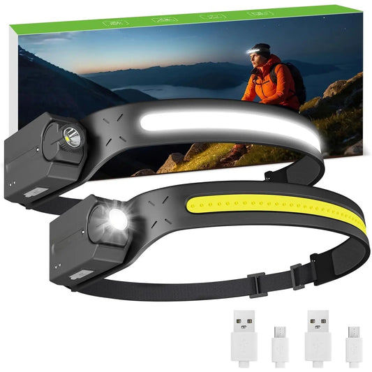 Rechargeable High-Intensity LED Headlamp with Motion Sensor, 1200mAh Battery, 230° COB Wide Beam, Adjustable Spotlight, IP44 Rated for Outdoor Activities - Pack of 2