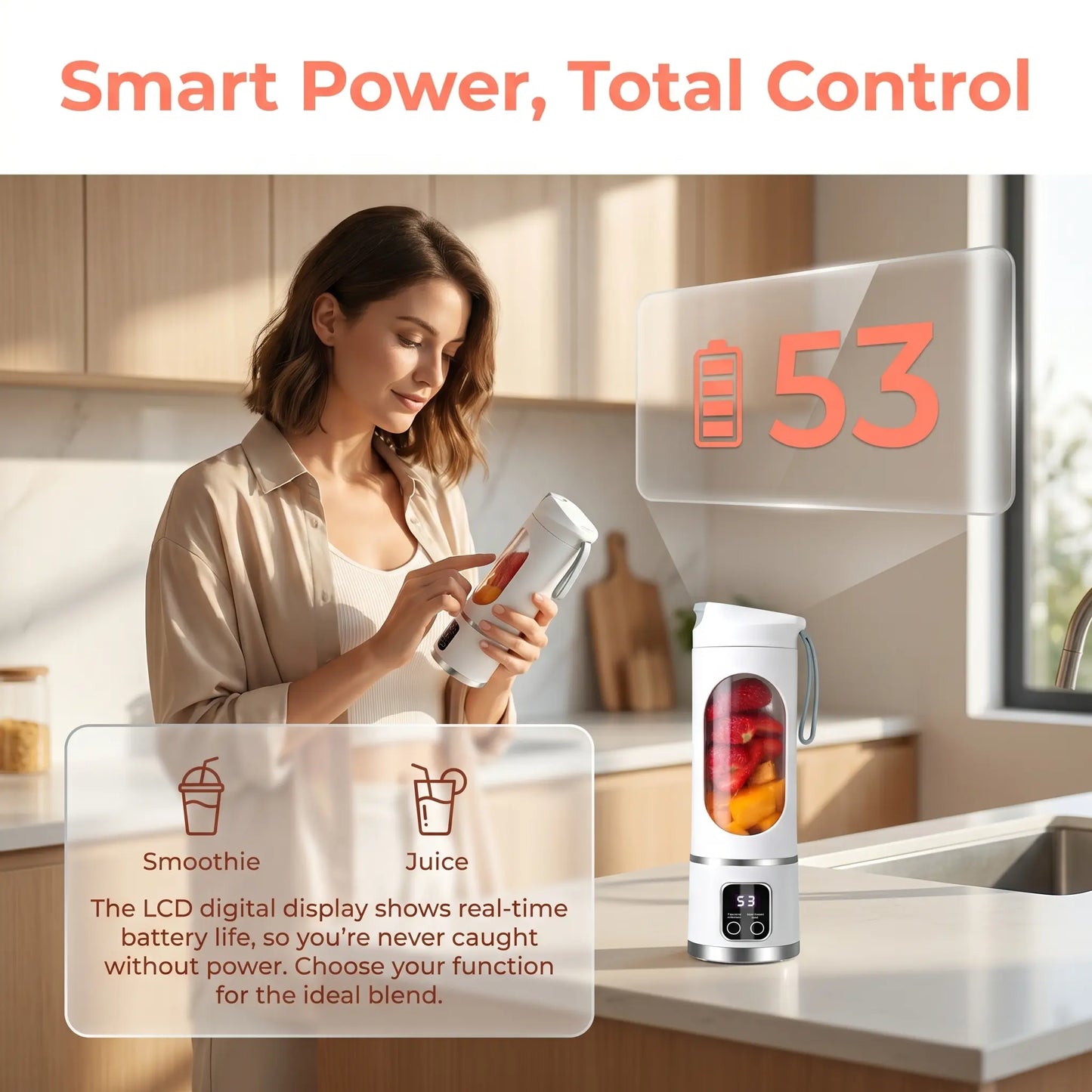 Portable 15.22 Oz USB Rechargeable Personal Blender with LED Display, Durable ABS Construction, Perfect for Smoothies and Juices, Essential Kitchen Appliance