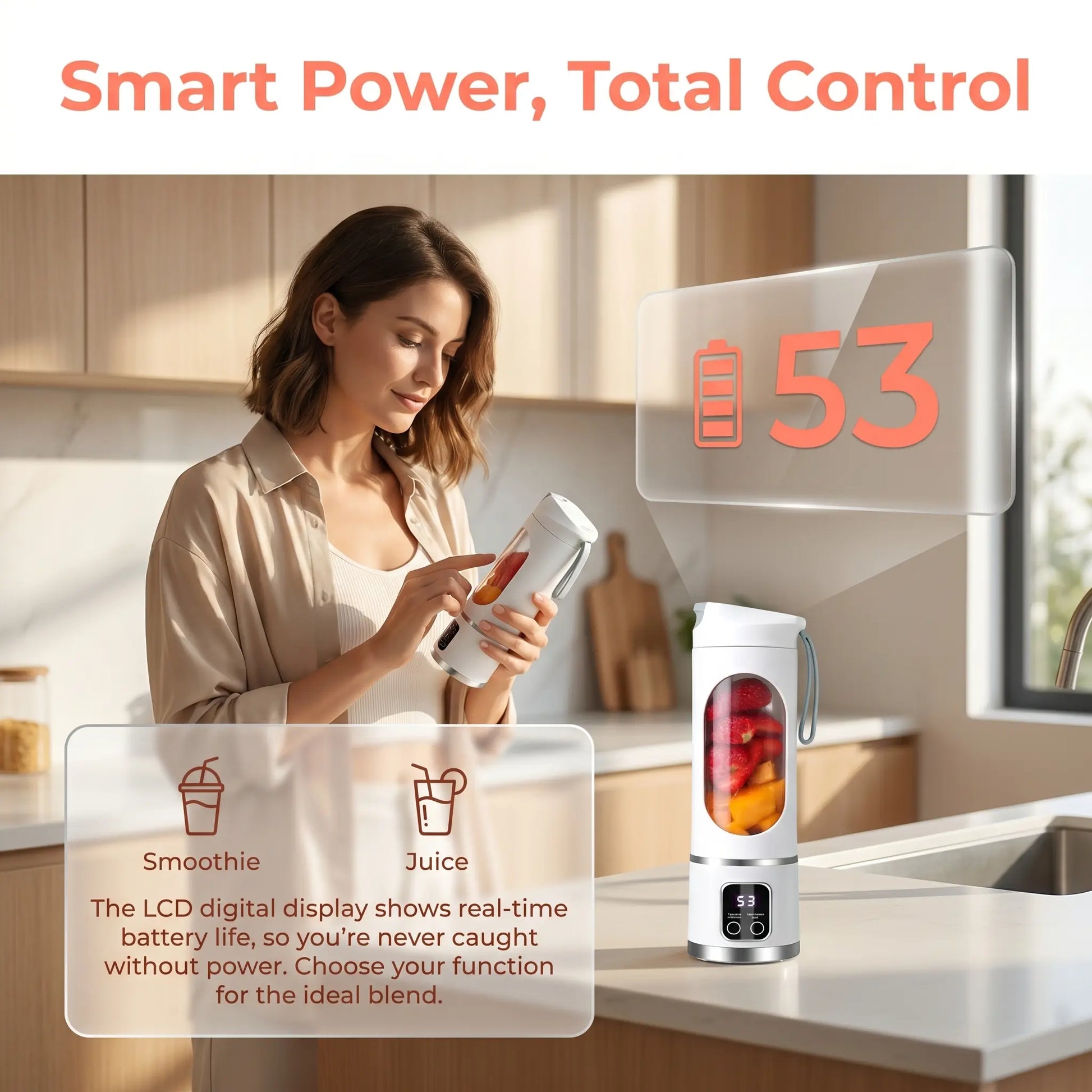 Portable 15.22 Oz USB Rechargeable Personal Blender with LED Display, Durable ABS Construction, Perfect for Smoothies and Juices, Essential Kitchen Appliance
