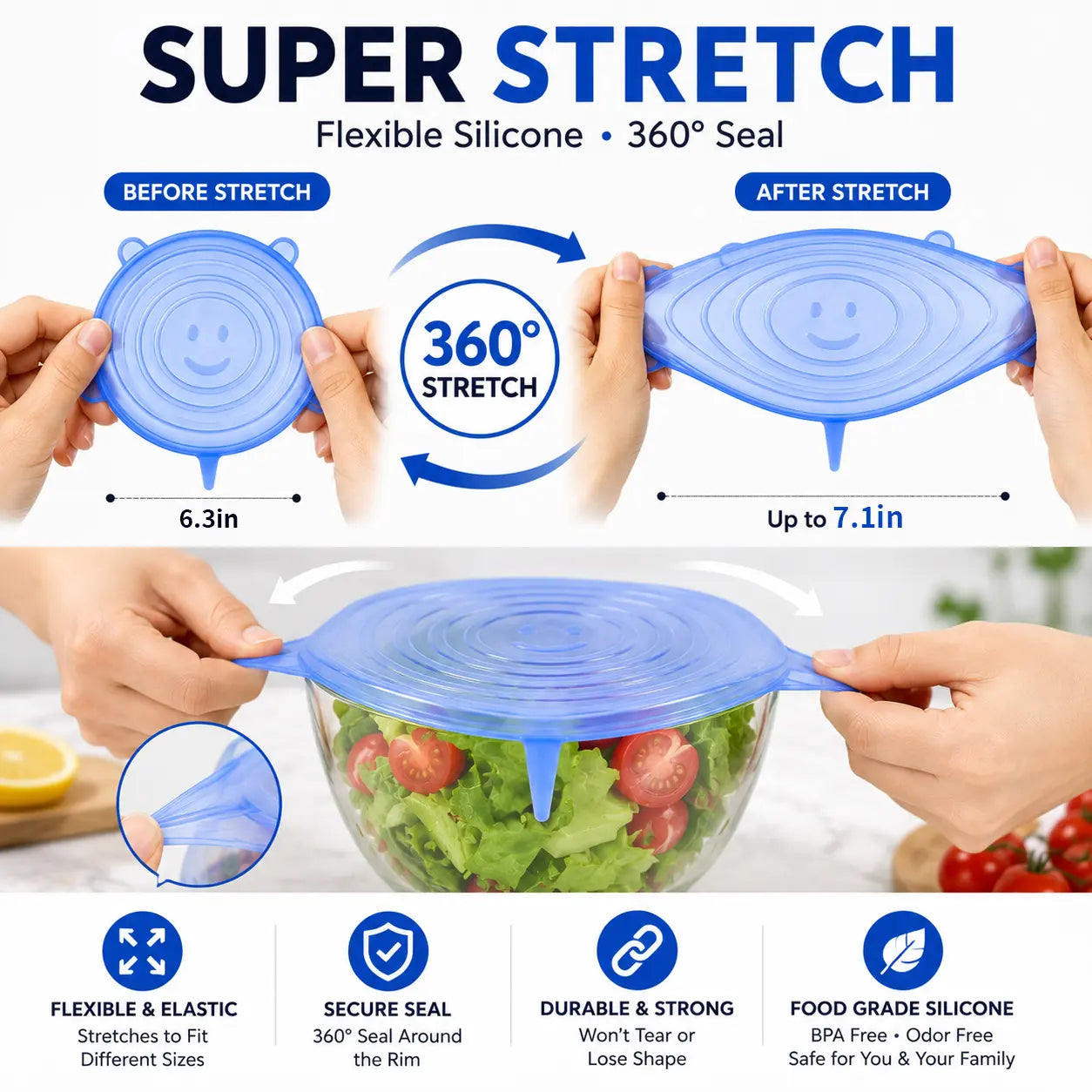 Silicone Stretch Lids Set (6-Pack) - Reusable BPA-Free Food Covers for Bowls, Pots, Cups, and Fruits (Sizes: 2.6", 3.7", 4.3", 5.5", 6.3", 7.7")