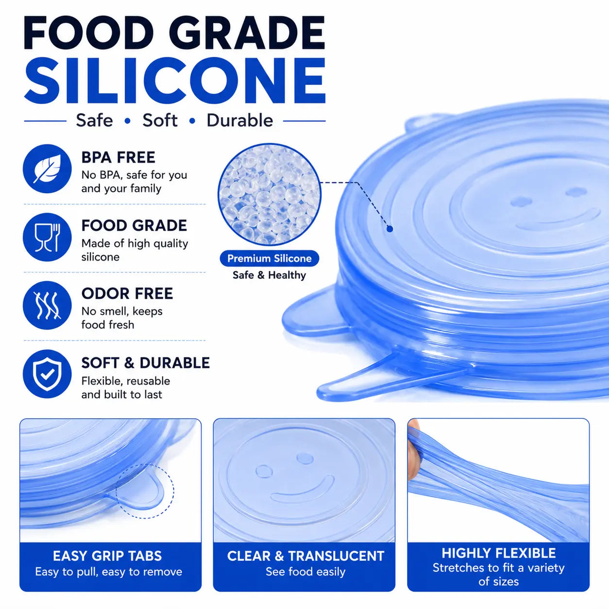 Silicone Stretch Lids Set (6-Pack) - Reusable BPA-Free Food Covers for Bowls, Pots, Cups, and Fruits (Sizes: 2.6", 3.7", 4.3", 5.5", 6.3", 7.7")