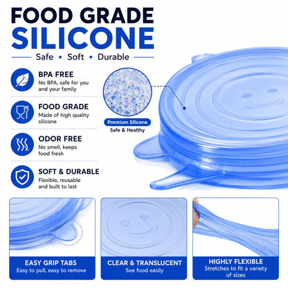 Silicone Stretch Lids Set (6-Pack) - Reusable BPA-Free Food Covers for Bowls, Pots, Cups, and Fruits (Sizes: 2.6", 3.7", 4.3", 5.5", 6.3", 7.7")