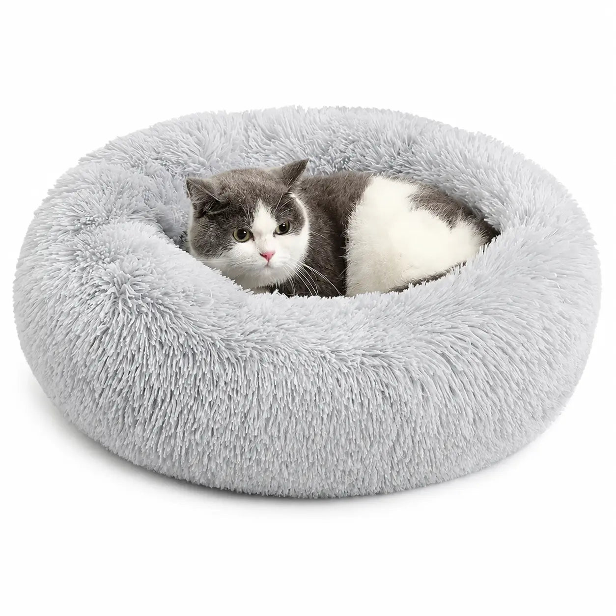 Fluffy Round Donut Calming Pet Bed - Shaggy Cloud Anti-Anxiety Plush Kennel for Dogs and Cats in Light and Dark Gray, Available in Small, Medium, and Large Sizes