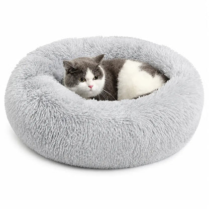 Fluffy Round Donut Calming Pet Bed - Shaggy Cloud Anti-Anxiety Plush Kennel for Dogs and Cats in Light and Dark Gray, Available in Small, Medium, and Large Sizes