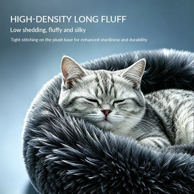 Fluffy Round Donut Calming Pet Bed - Shaggy Cloud Anti-Anxiety Plush Kennel for Dogs and Cats in Light and Dark Gray, Available in Small, Medium, and Large Sizes