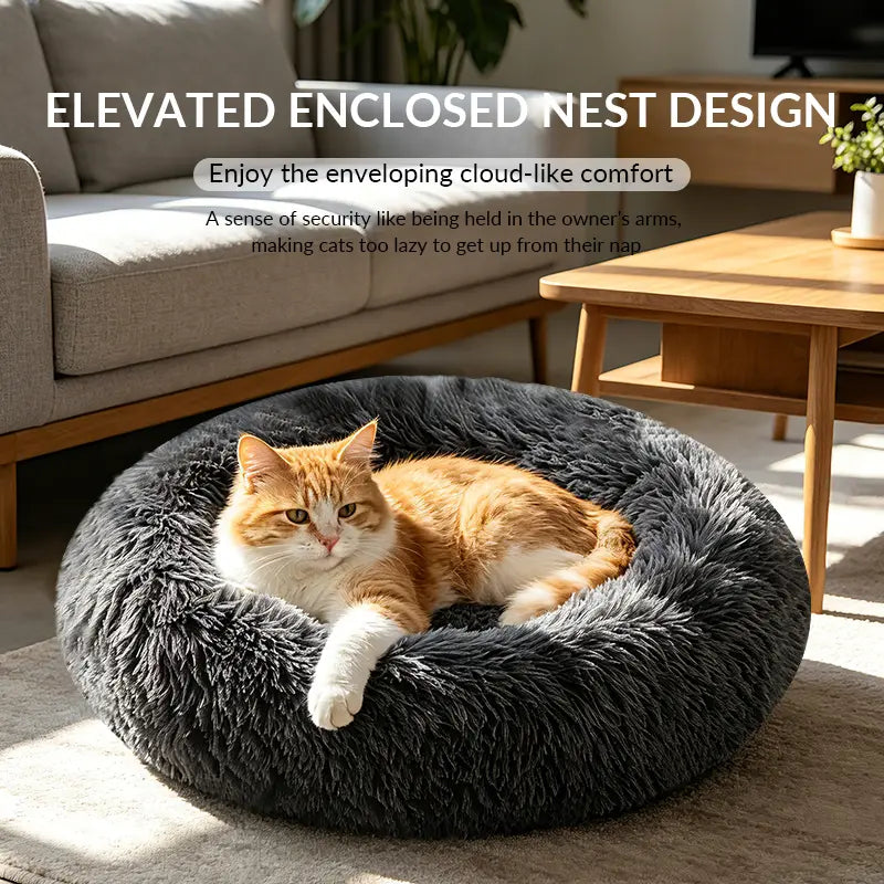 Fluffy Round Donut Calming Pet Bed - Shaggy Cloud Anti-Anxiety Plush Kennel for Dogs and Cats in Light and Dark Gray, Available in Small, Medium, and Large Sizes