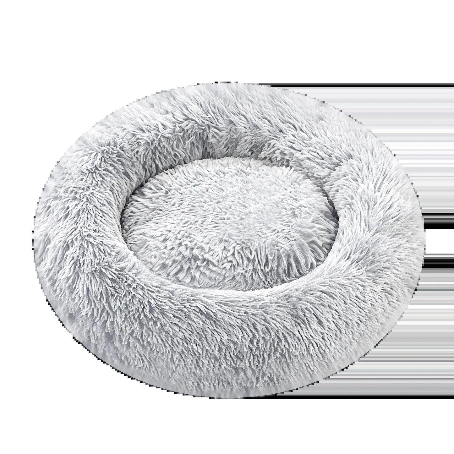 Fluffy Round Donut Calming Pet Bed - Shaggy Cloud Anti-Anxiety Plush Kennel for Dogs and Cats in Light and Dark Gray, Available in Small, Medium, and Large Sizes