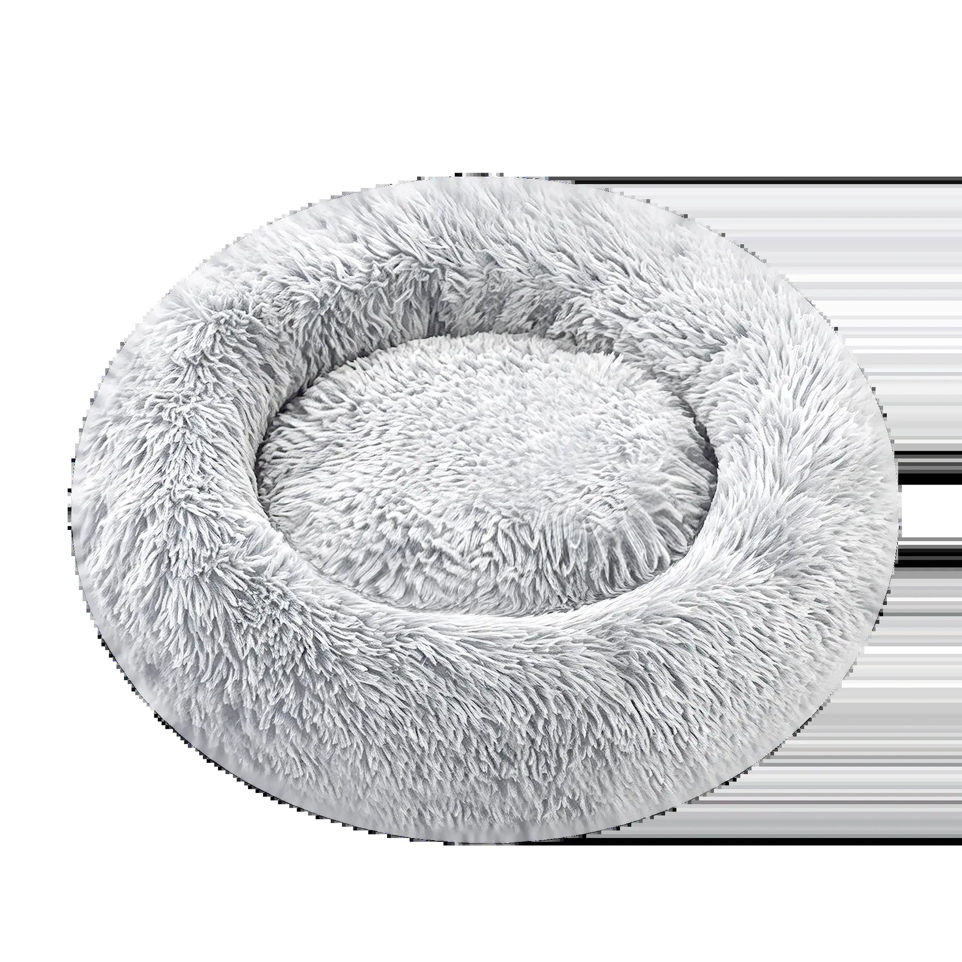 Fluffy Round Donut Calming Pet Bed - Shaggy Cloud Anti-Anxiety Plush Kennel for Dogs and Cats in Light and Dark Gray, Available in Small, Medium, and Large Sizes