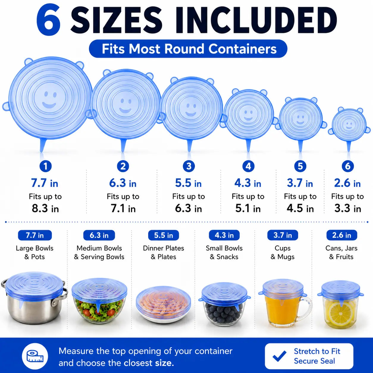 Silicone Stretch Lids Set (6-Pack) - Reusable BPA-Free Food Covers for Bowls, Pots, Cups, and Fruits (Sizes: 2.6", 3.7", 4.3", 5.5", 6.3", 7.7")