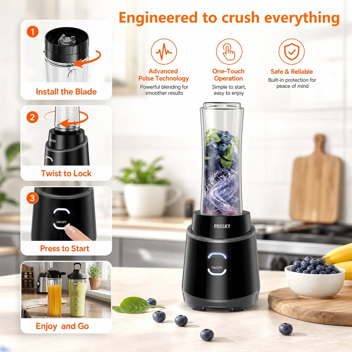PRASKY 900W Personal Blender with Portable Cups - Perfect for Smoothies, Protein Shakes, Fresh Juices, Frozen Drinks, and Crushed Ice - BPA-Free for Home, Office, and Gym Use