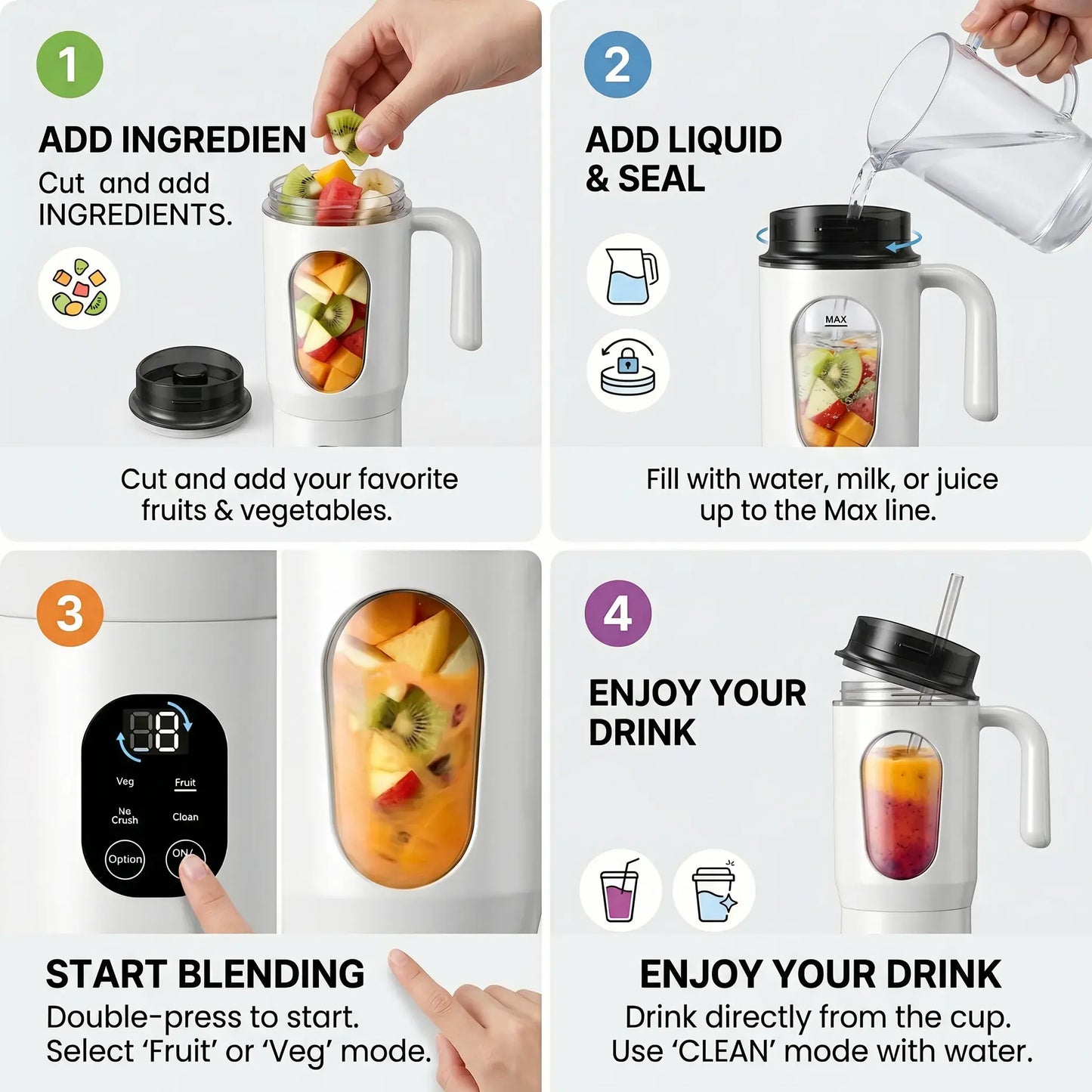 580ML Portable USB Rechargeable Juicer with LED Display, 22000 RPM Handheld Blender, Self-Cleaning, BPA-Free, Perfect for Smoothies and Juices with Ice Crushing Capability
