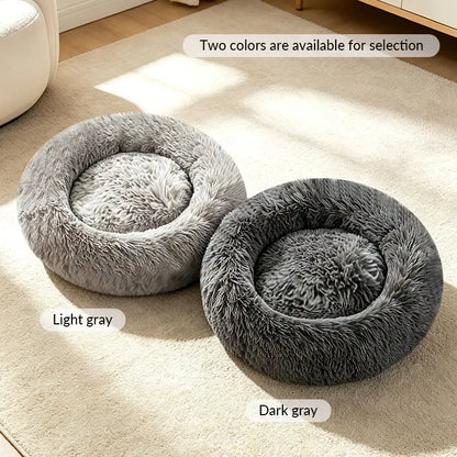 Fluffy Round Donut Calming Pet Bed - Shaggy Cloud Anti-Anxiety Plush Kennel for Dogs and Cats in Light and Dark Gray, Available in Small, Medium, and Large Sizes