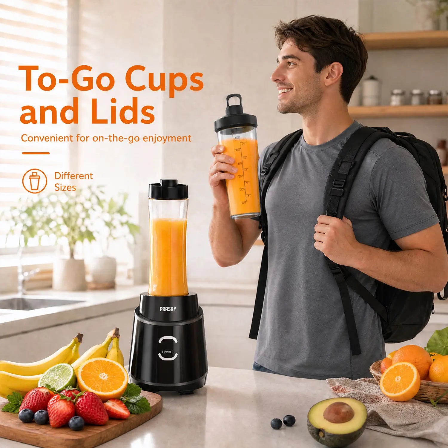 PRASKY 900W Personal Blender with Portable Cups - Perfect for Smoothies, Protein Shakes, Fresh Juices, Frozen Drinks, and Crushed Ice - BPA-Free for Home, Office, and Gym Use
