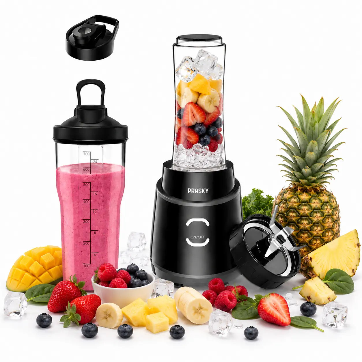 PRASKY 900W Personal Blender with Portable Cups - Perfect for Smoothies, Protein Shakes, Fresh Juices, Frozen Drinks, and Crushed Ice - BPA-Free for Home, Office, and Gym Use