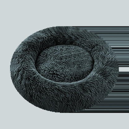 Fluffy Round Donut Calming Pet Bed - Shaggy Cloud Anti-Anxiety Plush Kennel for Dogs and Cats in Light and Dark Gray, Available in Small, Medium, and Large Sizes